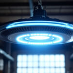 A photograph of capture a photograph of a round ufo high bay light installed in a commercial or industrial setting