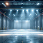 A photograph of a well-lit industrial space featuring a vapor tight high bay light installation