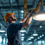 A photograph of a lighting contractor expertly installing or adjusting high bay led lights in a spacious industrial setting