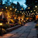 A photograph of a beautifully illuminated outdoor space at dusk