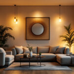 A photograph of a well-lit residential living space showcasing a variety of stylish lighting fixtures