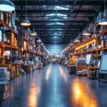 A photograph of a bustling warehouse filled with various lighting fixtures