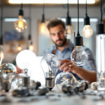 A photograph of a well-lit workspace featuring a variety of light bulbs and led tubes
