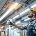 A photograph of a lighting contractor installing an led retrofit lighting kit in a commercial space