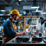 A photograph of a lighting contractor examining various electrical supplies and controls in a well-organized workspace
