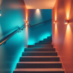 A photograph of a well-lit stairway and corridor featuring modern lighting fixtures