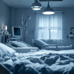 A photograph of a hospital setting with a focus on a poorly lit patient room