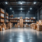 A photograph of a bustling warehouse filled with stacks of wafer lighting products