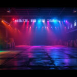 A photograph of a vibrant display of rgb and rgbw lights in a warehouse setting