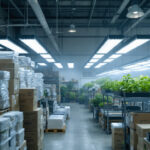 A photograph of a well-organized warehouse filled with various types of grow lights