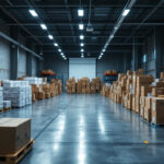 A photograph of a well-organized warehouse filled with boxes of uv disinfecting lights and air purifiers
