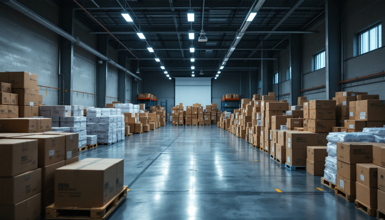A photograph of a well-organized warehouse filled with boxes of uv disinfecting lights and air purifiers