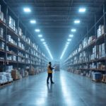 A photograph of a warehouse filled with high bay lighting fixtures