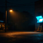 A photograph of a dimly lit outdoor space featuring a single