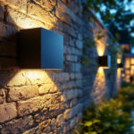A photograph of a visually striking outdoor wall light installation in a beautifully landscaped setting