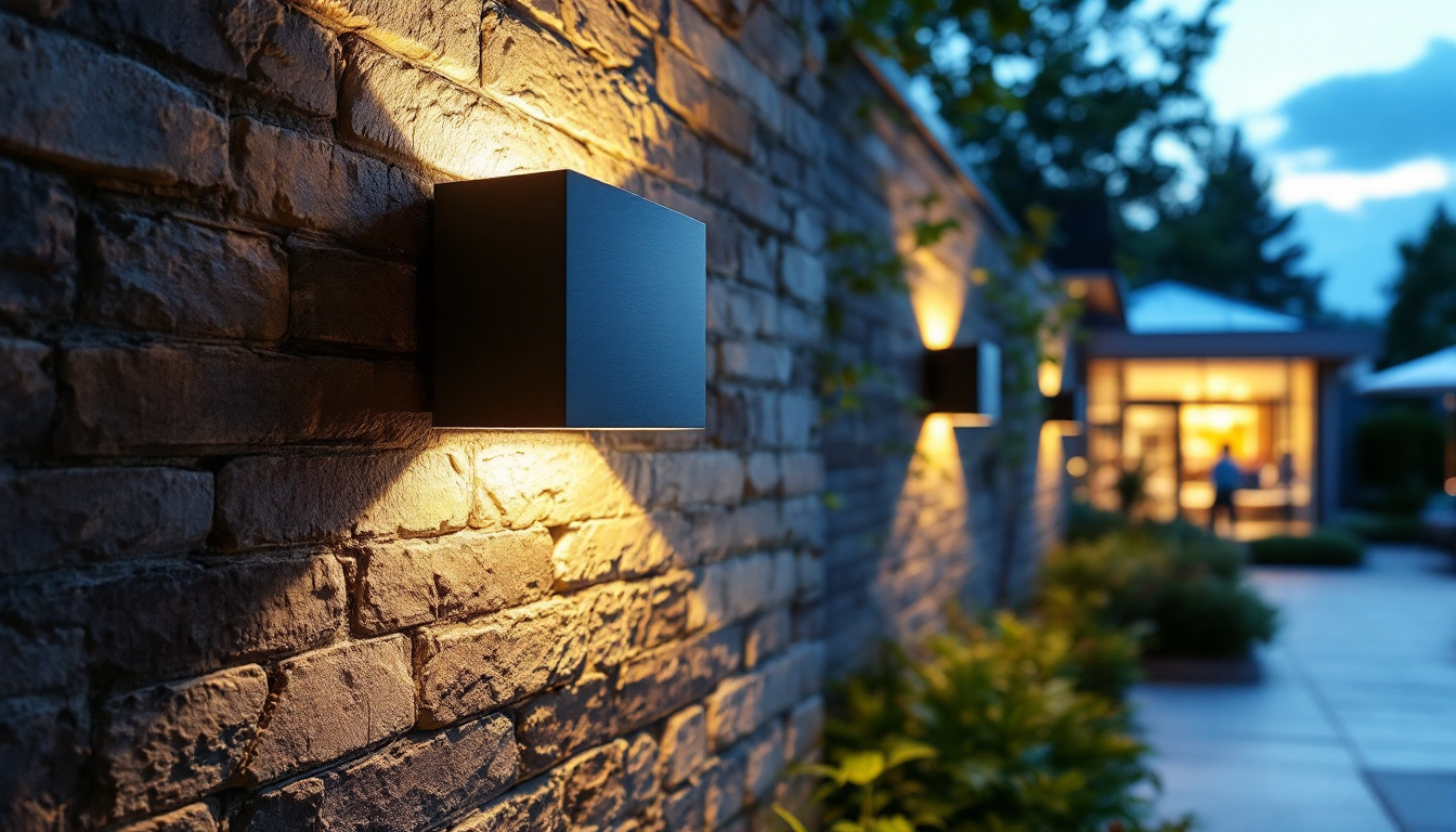 A photograph of a visually striking outdoor wall light installation in a beautifully landscaped setting