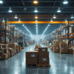 A photograph of a bustling warehouse filled with various area lights