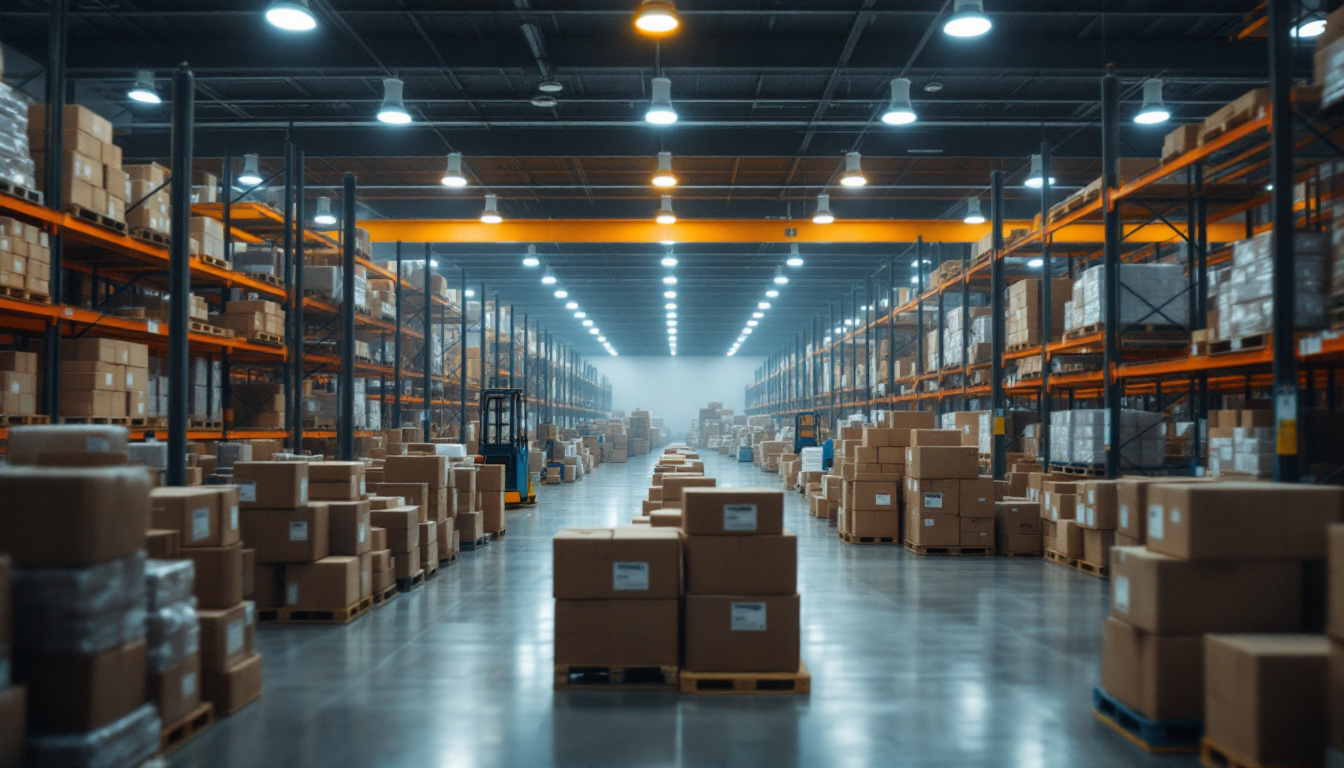 A photograph of a bustling warehouse filled with various area lights