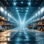 A photograph of a warehouse filled with bulk parking lot lights and poles