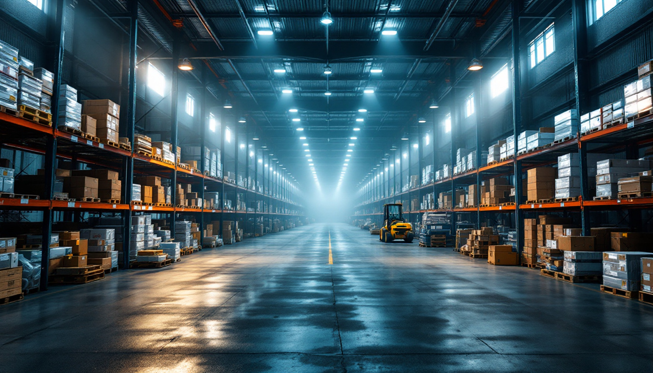 A photograph of a warehouse filled with bulk parking lot lights and poles