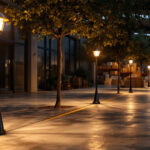 A photograph of a well-lit outdoor space featuring elegant post top lights