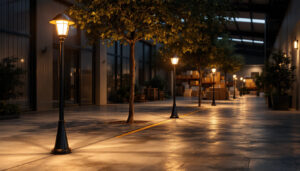 A photograph of a well-lit outdoor space featuring elegant post top lights