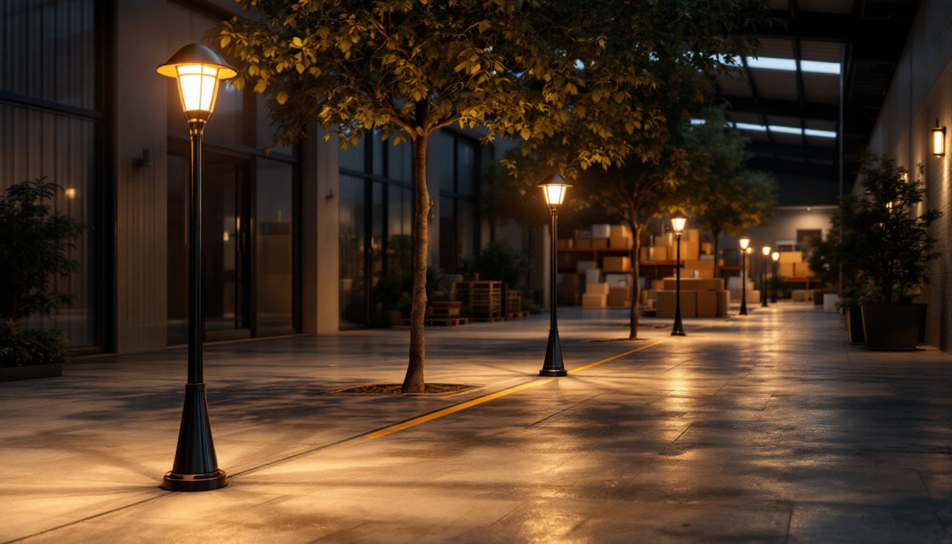 A photograph of a well-lit outdoor space featuring elegant post top lights