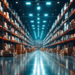 A photograph of a bustling warehouse filled with stadium lights