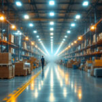A photograph of a bustling warehouse or distribution center filled with canopy lights