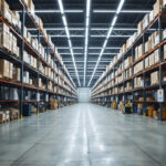 A photograph of a warehouse filled with outdoor linear light fixtures