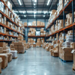 A photograph of a warehouse filled with boxes of vapor tight lighting fixtures
