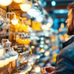 A photograph of a person examining a variety of security and motion sensor lights in a brightly lit retail store