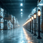 A photograph of a warehouse filled with stacks of bollard lights