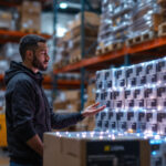 A photograph of a person examining a large stack of solar-powered led lights in a warehouse setting