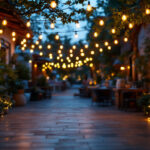A photograph of a vibrant outdoor setting illuminated by beautifully arranged string lights