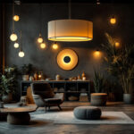 A photograph of a dimly lit interior space featuring a striking architectural cylinder light fixture
