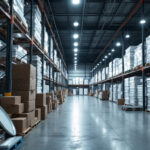 A photograph of a warehouse filled with stacked low bay lighting fixtures