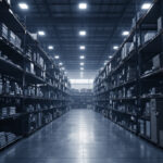 A photograph of a warehouse filled with bulk architectural grid mount lights