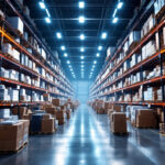A photograph of a bustling warehouse filled with architectural square linear lights