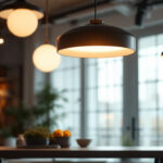 A photograph of a stylish architectural round pendant light hanging in an elegant interior setting