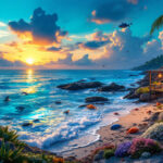A photograph of a vibrant coastal scene featuring various wildlife illuminated by unique lighting