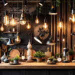 A photograph of a stylishly arranged display of architectural gooseneck and barn lights in a well-lit