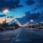 A photograph of a busy architectural parking lot illuminated by bright