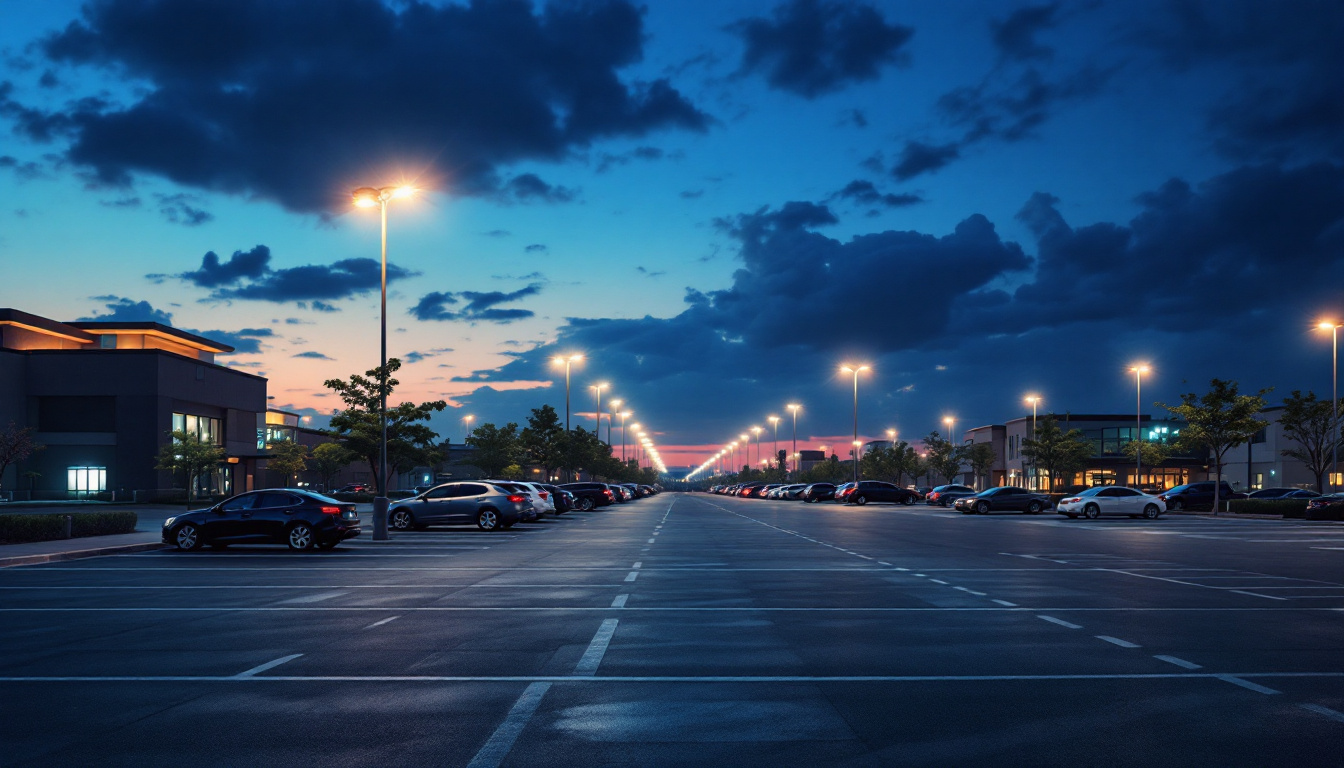 A photograph of a busy architectural parking lot illuminated by bright