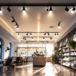 A photograph of a well-lit interior space showcasing sleek architectural track lights installed on the ceiling
