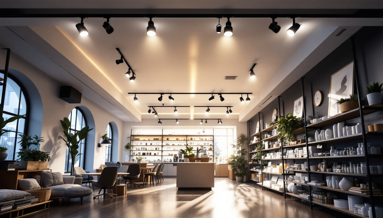 A photograph of a well-lit interior space showcasing sleek architectural track lights installed on the ceiling