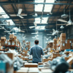 A photograph of a cluttered warehouse filled with ceiling fans