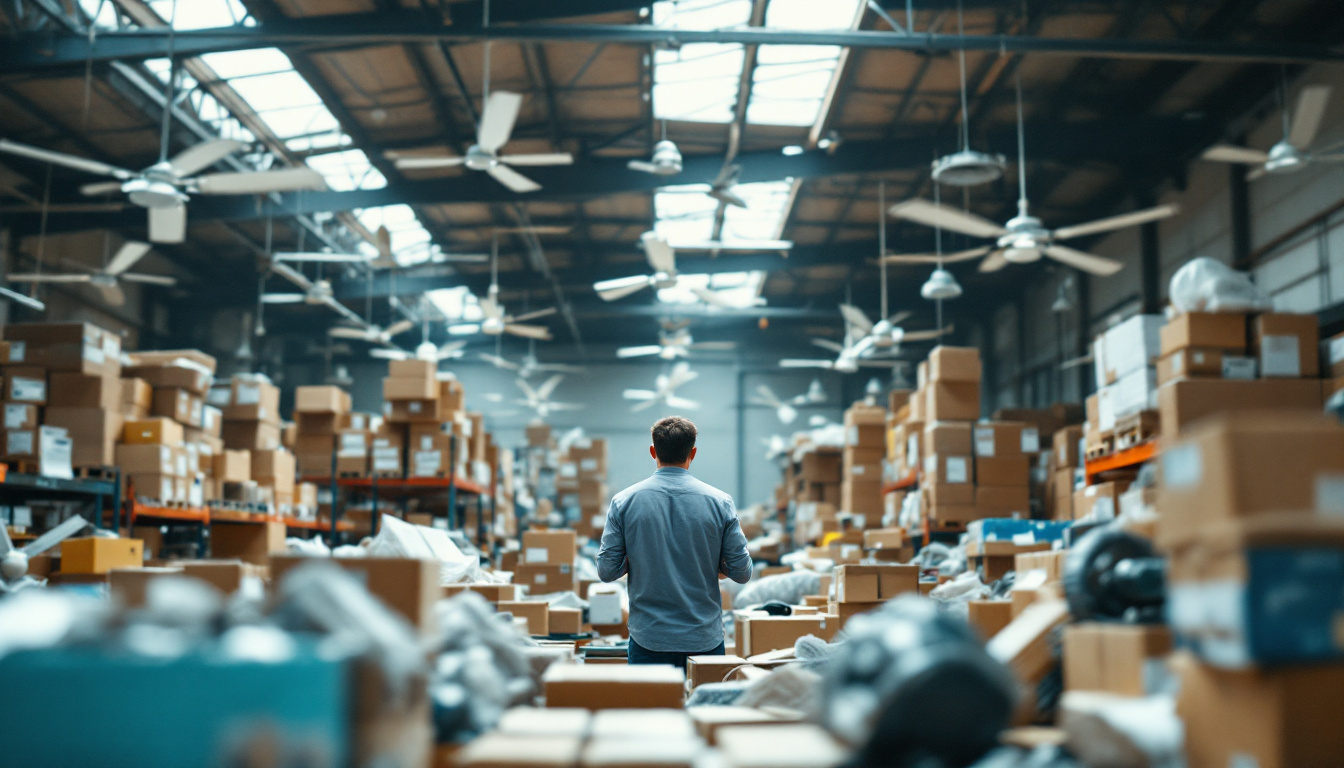 A photograph of a cluttered warehouse filled with ceiling fans