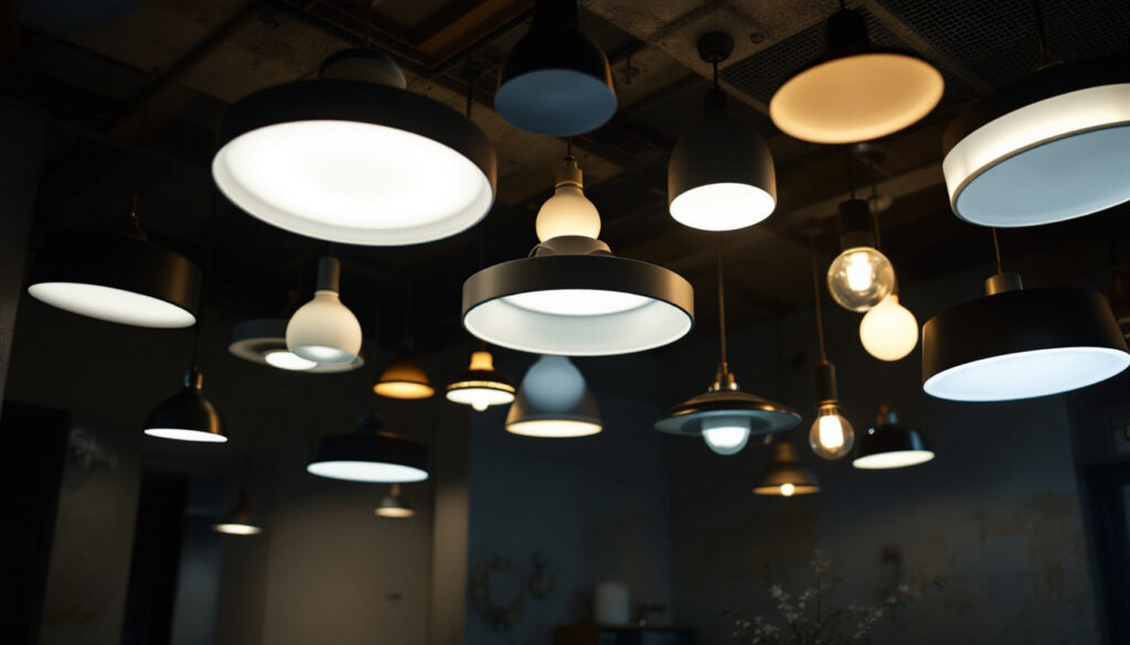 A photograph of a dimly lit room showcasing a variety of ceiling lights