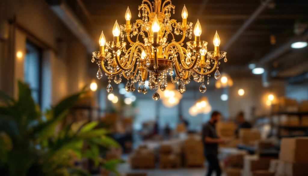 A photograph of a visually striking chandelier in a well-lit